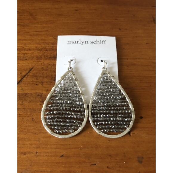 Marlyn Schiff Silver Teardrop Black Druzy Beads Dangle Drop Earrings Hook NWOT - Picture 1 of 10